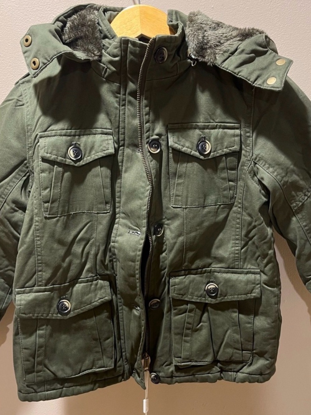 Kids Olive Green Hooded Winter Coat